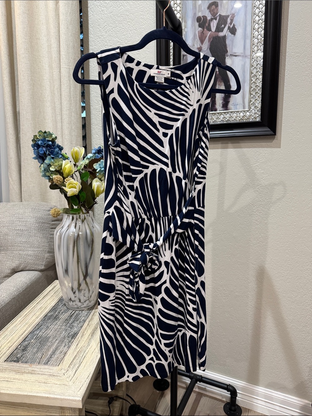 Vineyard Vines Navy and White Abstract Tie-Waist Dress